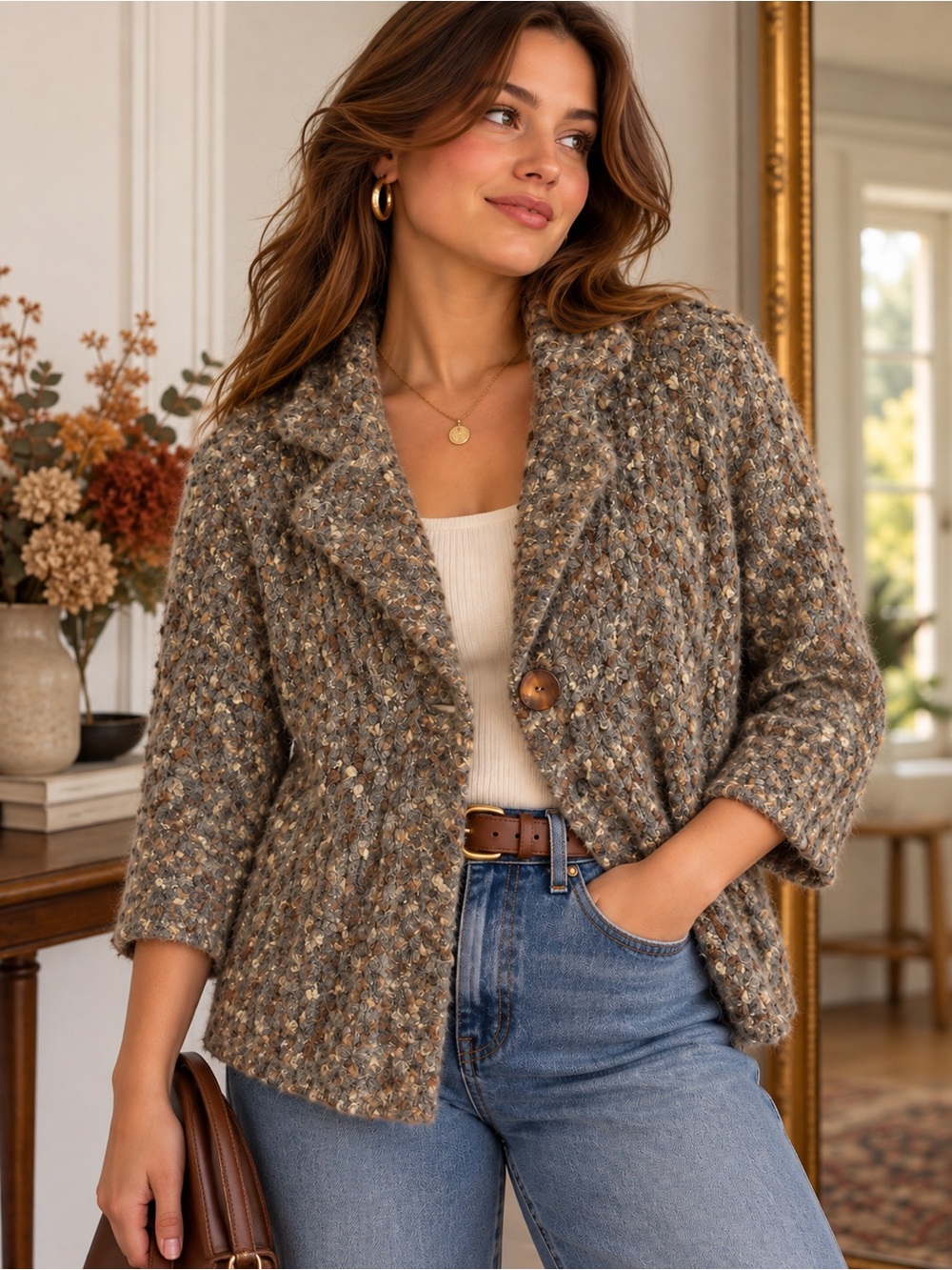 Susan Bristol Alpaca Mohair Textured Knit Jacket Cardigan M